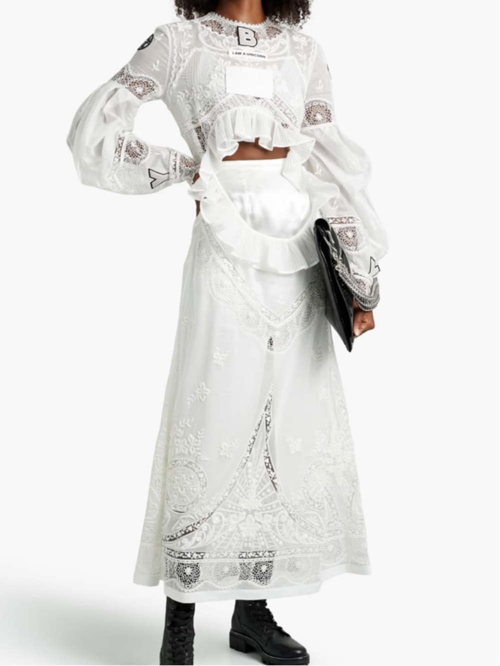 RUNWAY Burberry White Ruffled Cutout Maxi Dress with Embroidered Detail